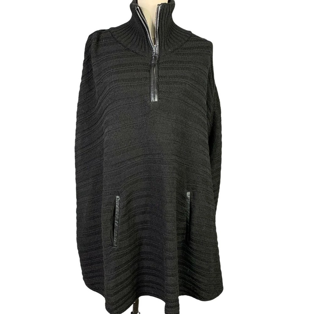 New York Company Sweater Knit Poncho Zip High Neck Black Faux Leather Pockets